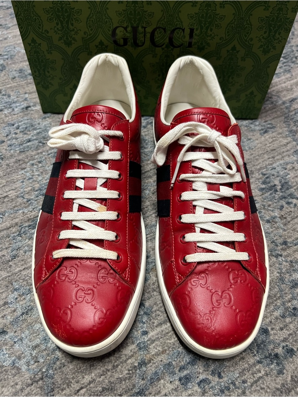 Gucci red, White and blue Leather Sneakers with Embossed Serial